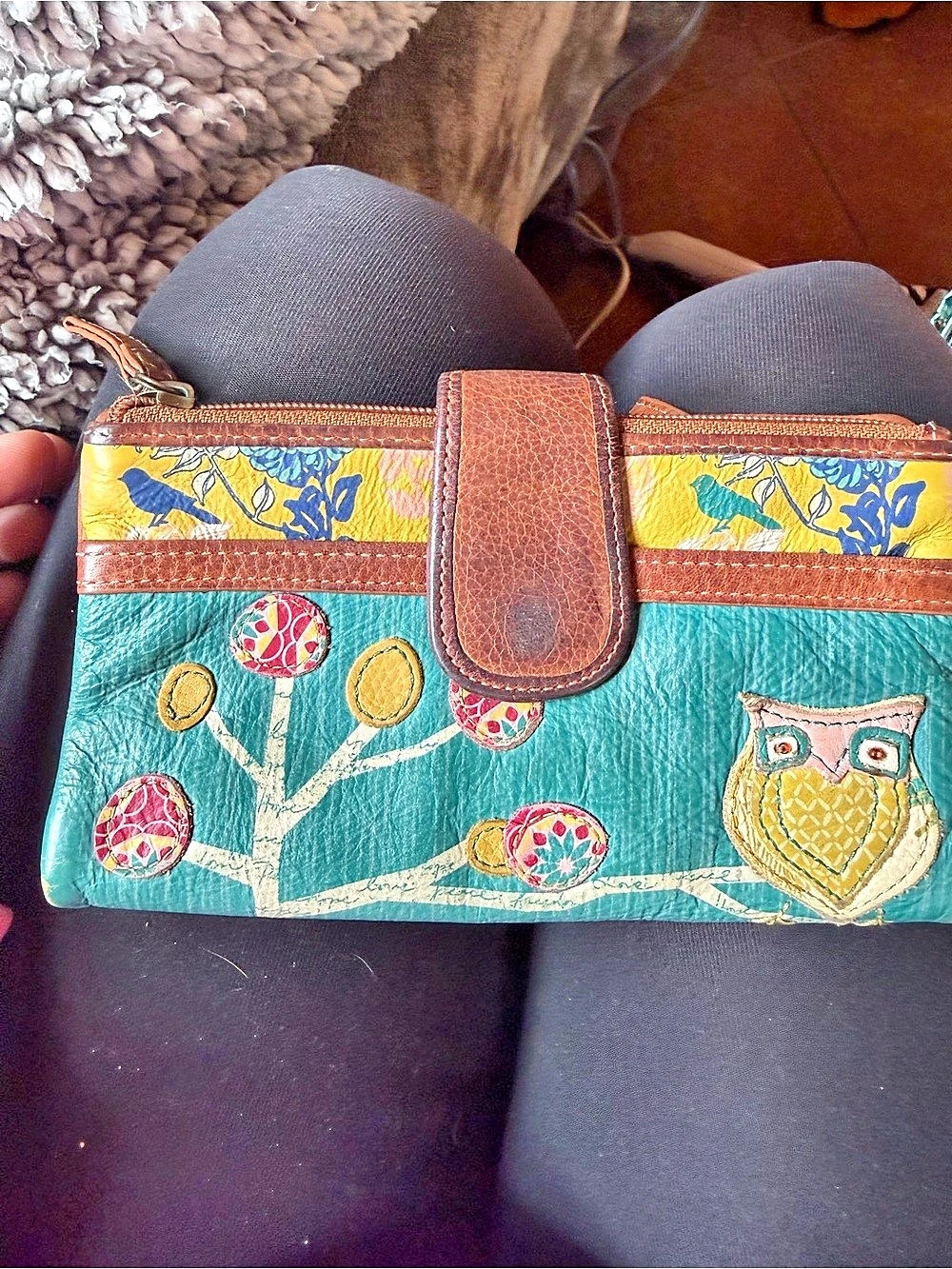 Fossil Owl Blue Floral Teal Leather Flap Clutch Wallet